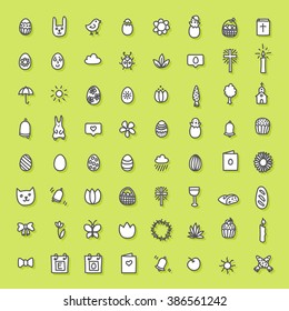 Small Easter icons hand drawn collection. Tiny vector symbols of Easter and Spring season. Eggs, baskets, chicken, flowers, etc. Design elements for website, greeting card. Black and white