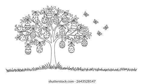 Small Easter Tree Outline Decorated with Hanging Eggs and Festive Ribbons Spring Holiday Line Art Design