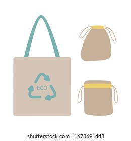 Pequeños sacos ecológicos y bolsas de tela de algodón natural. Desperdicios cero, ecológicos, decir no a los conceptos de bolsas plásticas. Los residuos reducen la ilustración para afiches, publicaciones en medios sociales, etiquetas. Vector.