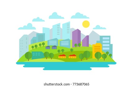 Small eco-friendly city in the background of nature landscape Trees buildings water and mountains