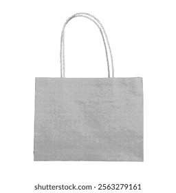 Small eco-friendly shopping bag with handle, made of kraft paper. Retro, vintage grayscale design with halftone texture, perfect for gift packaging. Vector illustration isolated on