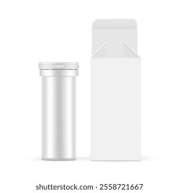 Small Effervescent Tablets Tube With Opened Paper Packaging Box, Isolated On White Background. Vector Illustration