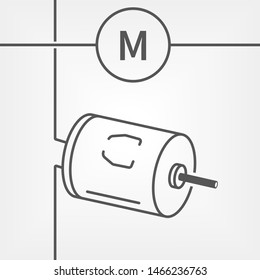 Small Electric Dc Motor Line Vector Icon With A Schematic Symbol Of Motor