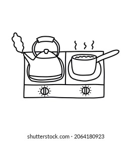 Kleiner Elektroherd. Der Wasserkocher kocht, und der Haferbrei wird in einer Spüle gekocht. Frühstück oder Mittagessen zubereiten. Morgenprogramm. Schwarz-Weiß-Vektorgrafik-Doodle