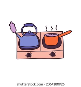 Small electric stove. The kettle is boiling and porridge is being cooked in a scoop. Preparing breakfast or lunch. Morning routine. Colorful vector isolated illustration hand drawn