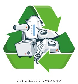 Small Electronic Home Appliances With Recycling Symbol. Isolated Vector Illustration. Waste Electrical And Electronic Equipment - WEEE Concept.