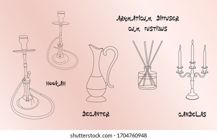 Small elements of Oriental style, hookah, candles with a candlestick, a decanter for drinking, aroma sticks for home. Doodling, doodling. For decoration. Vector handmade. Floral pattern, richly decora