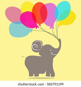 Small elephant with balloons vector illustration, printing on T-shirt, Printing. banner for design. Hand drawing