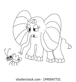 A small elephant and a butterfly on a white background. Decorative monochrome element for design. Coloring Book for kids