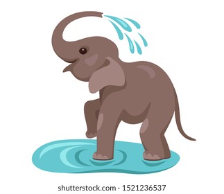 Small Elephant Poured Water From A Trunk And Rejoices