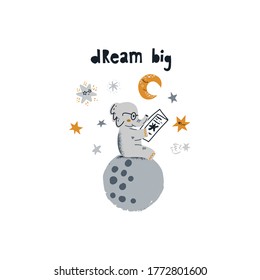 small elephant sits on a planet and reads a magazine. lettering dream big. Vector illustration on the cosmic theme in childish style