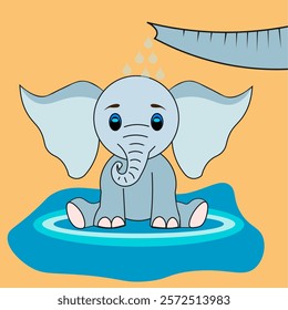 A small elephant is sitting in a puddle, and someone is watering it from a large trunk.