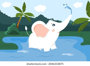 Small elephant swimming in lake. Wild animal drinks water and washes. White elephant monitors personal hygiene. Jungle dweller. Cartoon modern flat vector illustration isolated on bright background