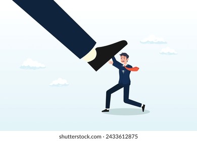Small employee trying to push back giant boss or competitor big feet, unfair competition, cheating or using authority and power to abuse competitor, violence, conflict or employee fight (Vector)