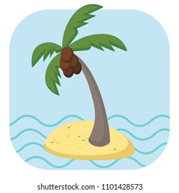 small empty island with coconut palm tree, vector cartoon illustration isolated