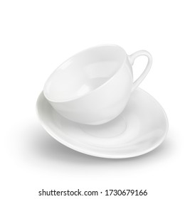 A small empty porcelain white 3D realistic cup and saucer flies in dynamics. Vector illustration isolated on a white background. Cookware for tea or coffee.