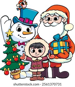 small Eskimo Santa Claus and a snowman with a Christmas tree