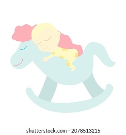 A small European child swings on a toy horse. Baby dressed in a yellow suit. Vector cartoon illustration in flat style and nanny pastel colors isolated on white background. 