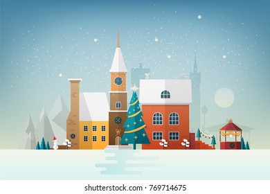 Small European town in snowfall. Snowy cityscape with facades of elegant antique buildings decorated for New Year or Christmas celebration. Colorful holiday vector illustration in flat style.