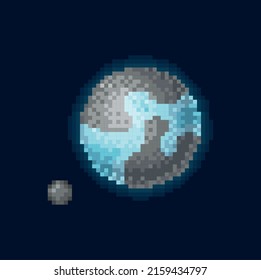 Planeta de arte de píxel gris y azul, elemento de diseño de juego de 8 bits aislado en negro. Pequeña esfera metálica rocosa vectorial con agua acuática en el espacio exterior, cuerpo celestial magia mundo alienígena