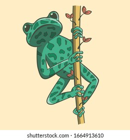 A small exotic bright green frog with spots creeps on a twig.