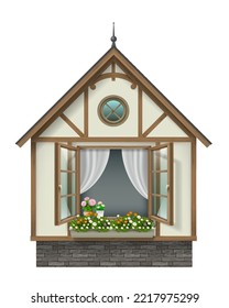 Small fabulous house with an open window. Vector facade