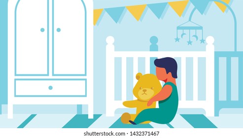 Small Faceless Child Playing Alone with Teddy Bear in Bedroom Cartoon. Parents Attention Lack. Necessity to Using Robotic Nanny or Robot Babysitter Idea. Vector Kids Loneliness Illustration