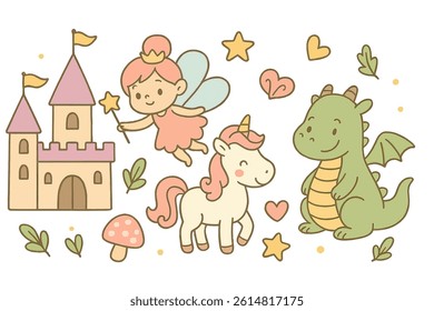 A small fairy cartoon set that includes a castle, unicorn, dragon, and various accessories