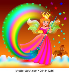 Small fairy holding broom, vector cartoon image