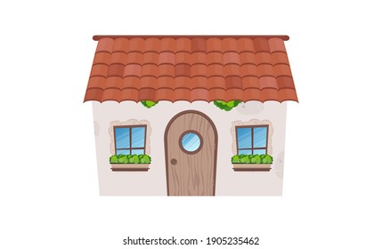 Small fairy house. Stone building with windows, door and roof. Cartoon style. For the design of games, postcards and books. Isolated on white background. Vector 