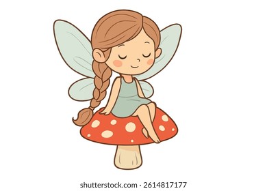 A small fairy with a lovely long braided hairstyle is seated on a mushroom