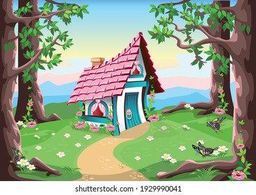 A small fairy tale house with a pink roof and hearts stands on a flower meadow in the forest. Fairy tale background vector illustration in cartoon style.