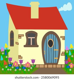 A small, fairy-tale house. Yellow walls, a red roof and many beautiful flowers around.
