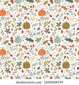 Small fall floral pumpkins, flowers, leaves seamless pattern. Autumn vector colorful cottagecore print. Cute October harvest textile. Halloween illustration. Organic vegetable garden food wallpaper.