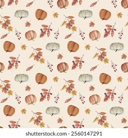 Small fall floral pumpkins, flowers, leaves seamless pattern. Autumn vector colorful cottagecore print. Cute October harvest textile.