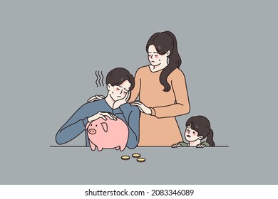 Small family budget and savings concept. Sad young mother standing hugging her son looking at empty piggybank and daughter vector illustration 