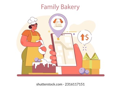 Small family business. Confectionery or bakery. Woman baking and selling pastry. Start-up or local business development. Independent enterpreneurship planning and mannaging. Flat vector Illustration