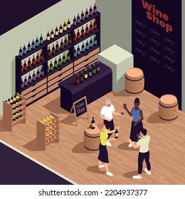 Composición isométrica de la pequeña familia con el escenario interior de bodega de bodega con surtido de botellas e ilustración de vectores de personas