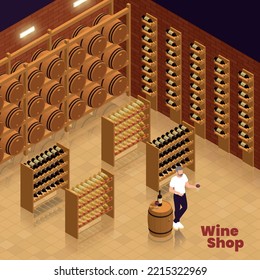 Small family business isometric composition with indoor view of winery showroom with shelves bottles wooden barrels vector illustration