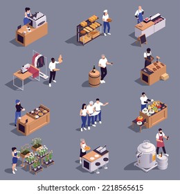 Small family business isometric set of isolated compositions with human characters going into business for themselves vector illustration