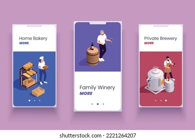 Small family business set of three vertical banners with isometric images text and page switch buttons vector illustration