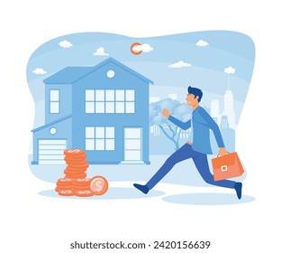 Small Family Buys a House with a Mortgage and Pays Credit to the Bank. flat vector modern illustration 