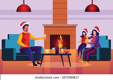 Small family celebrating minimal Christmas near a fireplace. Fireside toast in Santa hats.