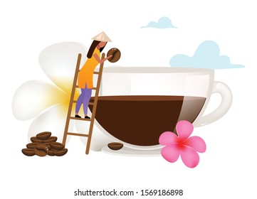 Small family coffee business flat vector illustration. Small-scale coffee production. Smallhoder. Plumeria flower. Indonesia. Isolated cartoon concept on white background