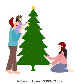 small family is decorating the Christmas tree. Mother, father and daughter. the daughter was carried by the father. they are happy.