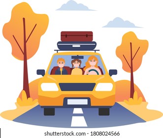 Small family go on travel using their own car illustration