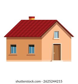 Small family house with red roof and chimney is being built on white background