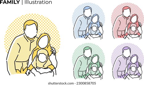 Small family portrait, father embracing mother who is hugging her daughter in Muslim dress with a happy mood. Perfect for parenting education, happy family symbol, and small family symbol.