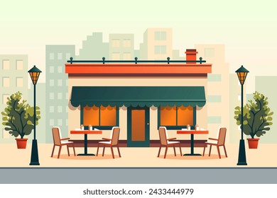 Pequeño restaurante familiar con asientos al aire libre. Un acogedor café con árboles en macetas y faroles con el fondo de la carretera, edificios y casas de la ciudad.