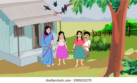 A Small Family In The Village - Illustration